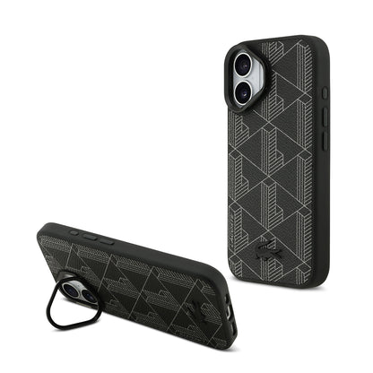 iPhone 17 Kılıf Lacoste Orjinal Lisanslı M-safe Şarj Özellikli Standlı PU Deri Karışık Monogram Desenli Kapak