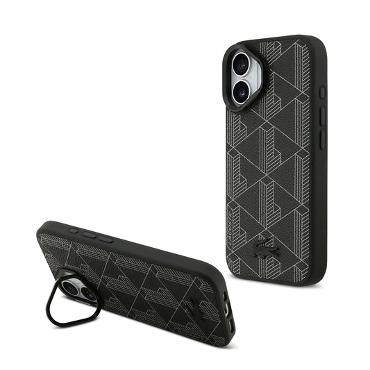 iPhone 17 Kılıf Lacoste Orjinal Lisanslı M-safe Şarj Özellikli Standlı PU Deri Karışık Monogram Desenli Kapak