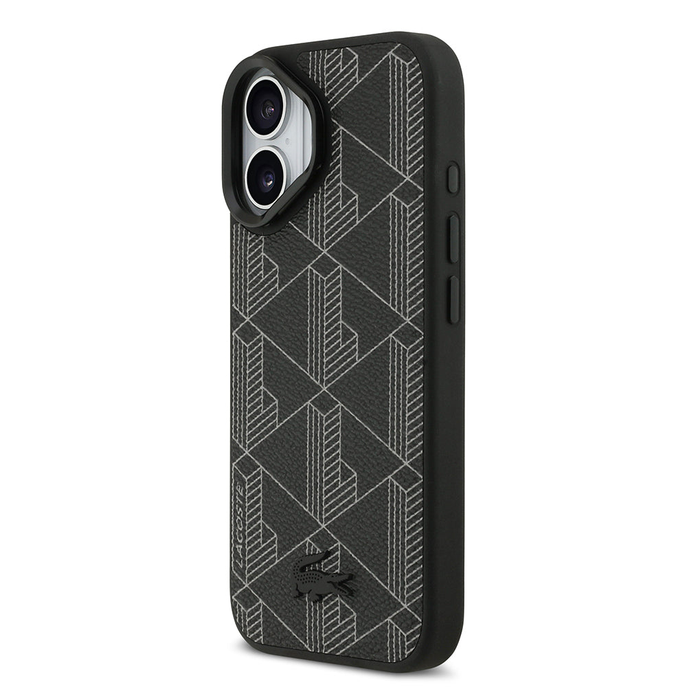iPhone 17 Kılıf Lacoste Orjinal Lisanslı M-safe Şarj Özellikli Standlı PU Deri Karışık Monogram Desenli Kapak