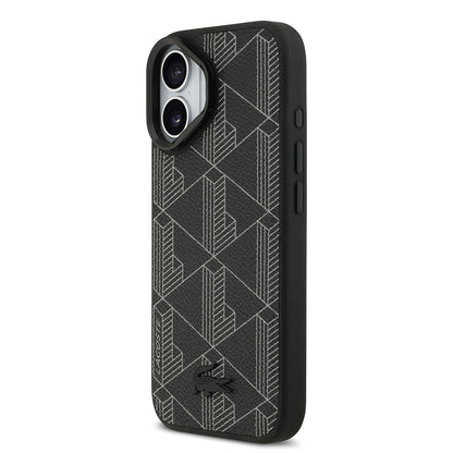 iPhone 17 Kılıf Lacoste Orjinal Lisanslı M-safe Şarj Özellikli Standlı PU Deri Karışık Monogram Desenli Kapak