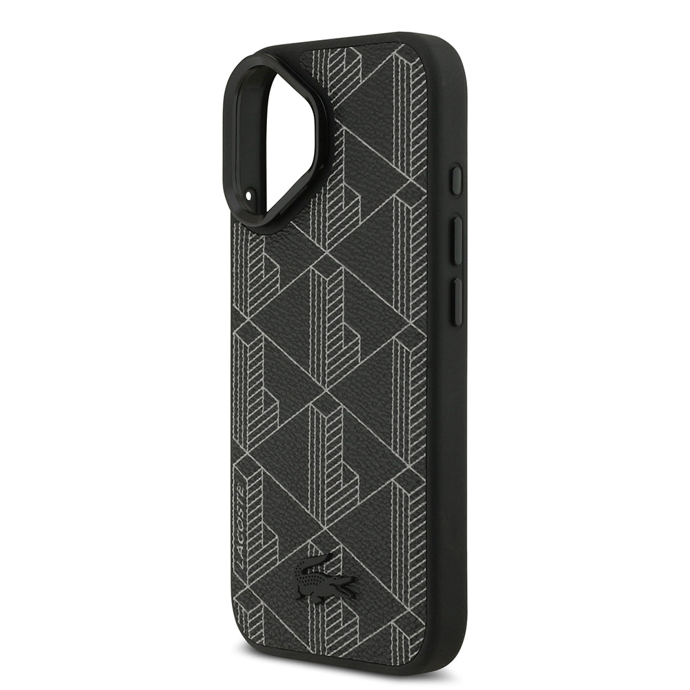 iPhone 17 Kılıf Lacoste Orjinal Lisanslı M-safe Şarj Özellikli Standlı PU Deri Karışık Monogram Desenli Kapak