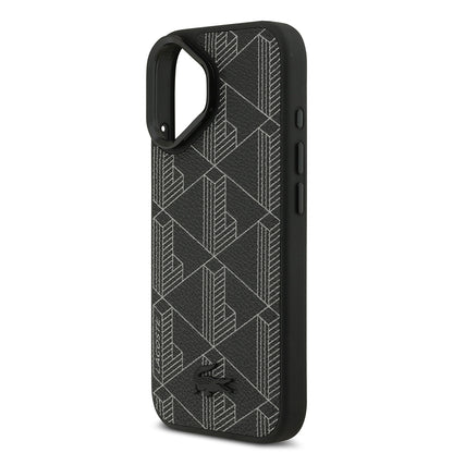 iPhone 17 Kılıf Lacoste Orjinal Lisanslı M-safe Şarj Özellikli Standlı PU Deri Karışık Monogram Desenli Kapak