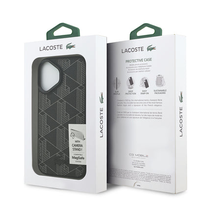 iPhone 17 Kılıf Lacoste Orjinal Lisanslı M-safe Şarj Özellikli Standlı PU Deri Karışık Monogram Desenli Kapak