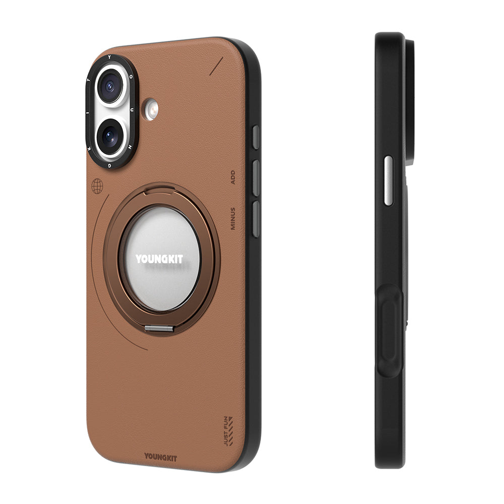 iPhone 17 Kılıf M-safe Şarj Özellikli 360 Derece Standlı Basit Mat Deri Desenli Youngkit Tech Leather Serisi Kapak