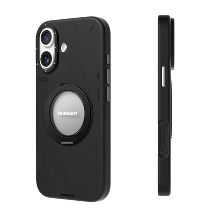 iPhone 17 Kılıf M-safe Şarj Özellikli 360 Derece Standlı Basit Mat Deri Desenli Youngkit Tech Leather Serisi Kapak