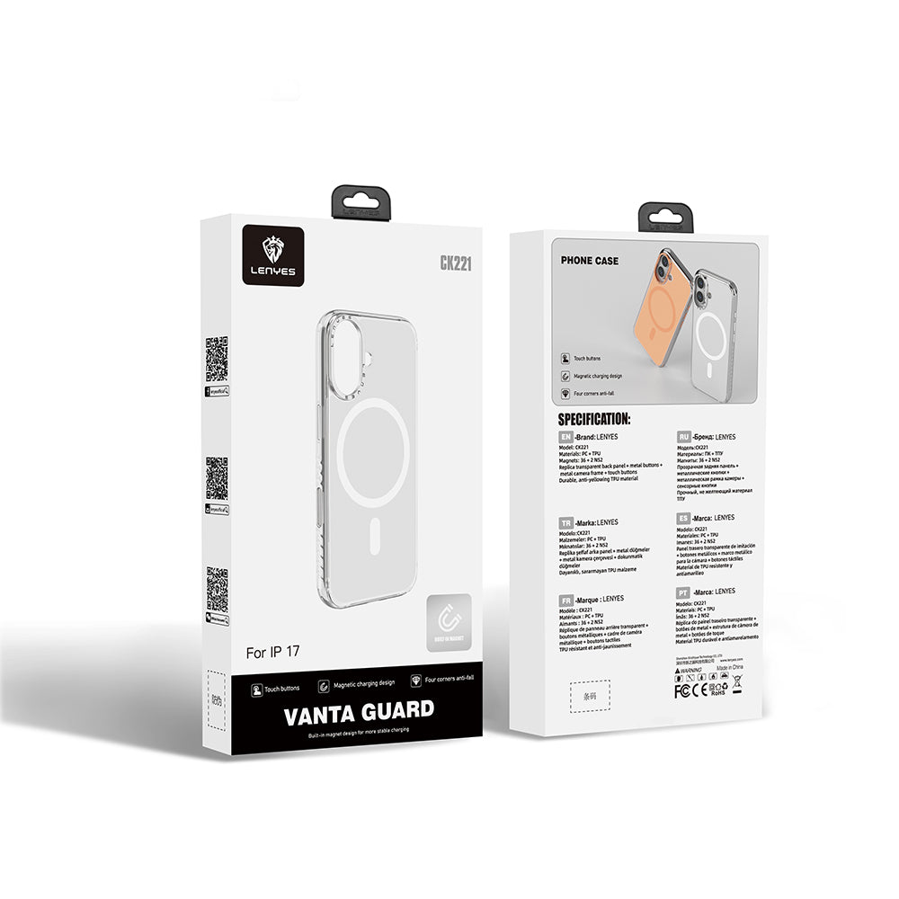 iPhone 17 Kılıf M-safe Şarj Özellikli Metal Kamera Çerçeveli Airbag Tasarımlı Lenyes CK221 Sert PC Kapak