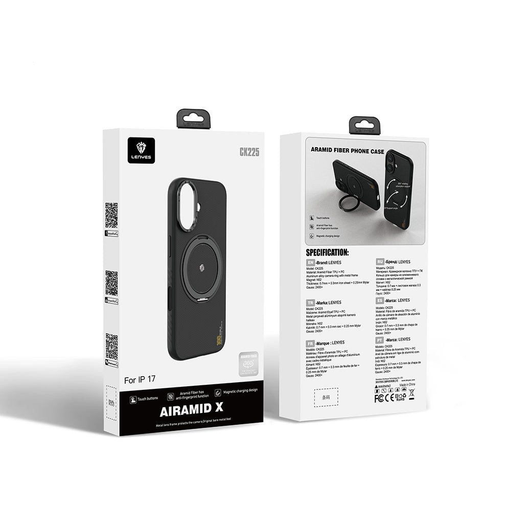 iPhone 17 Kılıf M-safe Şarj Özellikli Metal Standlı Lenyes CK225 Kevlar Kapak