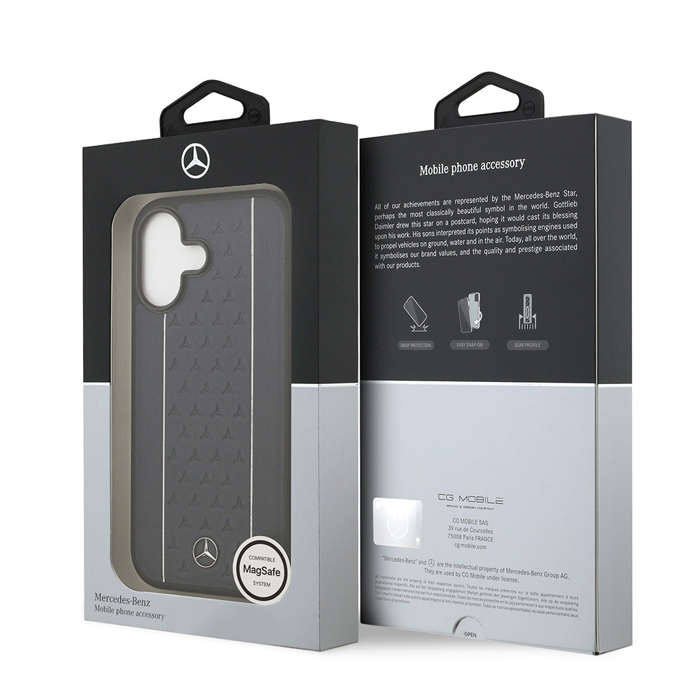 iPhone 17 Kılıf Mercedes Benz Orjinal Lisanslı M-safe Şarj Özellikli Şeritli Yıldız Desenli Metal Logolu Deri Kapak
