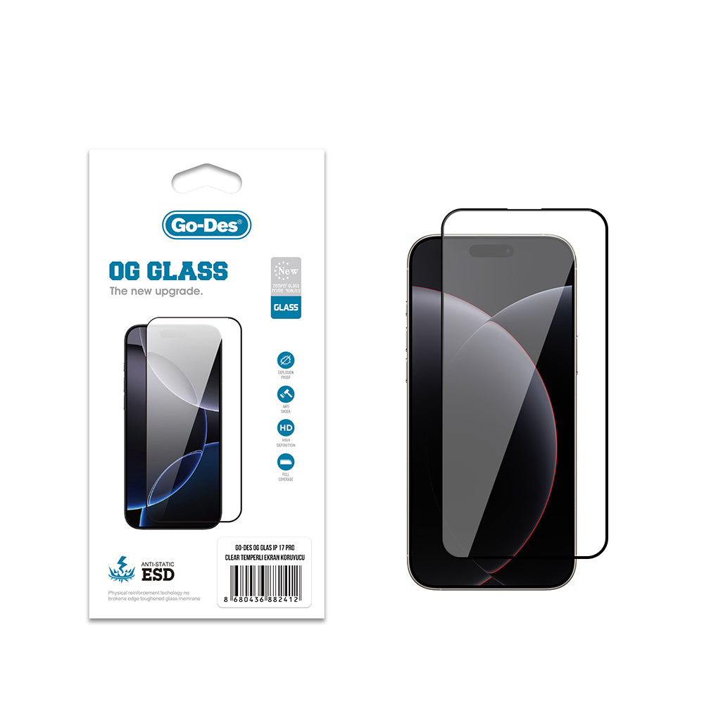iPhone 17 Pro Go Des OG Glass Antistatik Temperli Cam Ekran Koruyucu