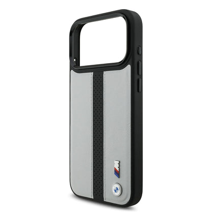 iPhone 17 Pro Kılıf BMW Orjinal Lisanslı M-safe Şarj Özellikli Deri Arka Yüzey Metal Logolu Delikli Şerit Tasarımlı Kapak