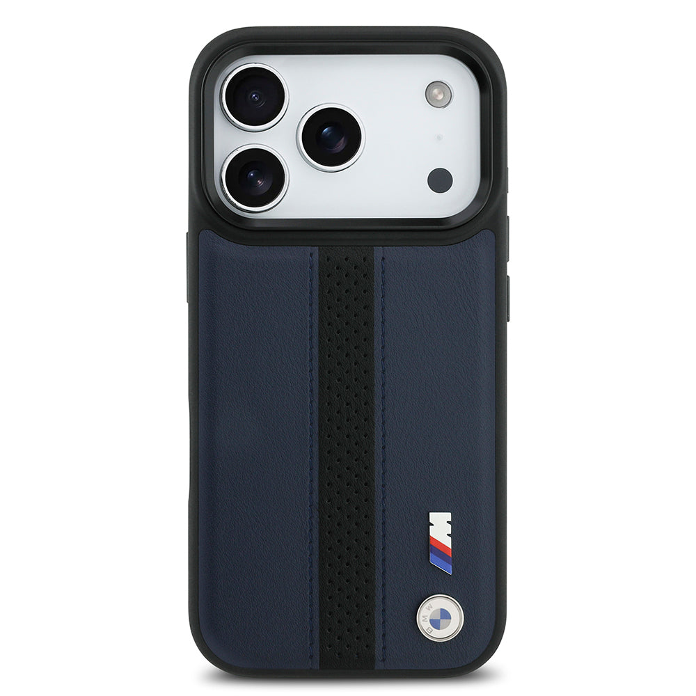 iPhone 17 Pro Kılıf BMW Orjinal Lisanslı M-safe Şarj Özellikli Deri Arka Yüzey Metal Logolu Delikli Şerit Tasarımlı Kapak