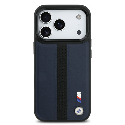 iPhone 17 Pro Kılıf BMW Orjinal Lisanslı M-safe Şarj Özellikli Deri Arka Yüzey Metal Logolu Delikli Şerit Tasarımlı Kapak