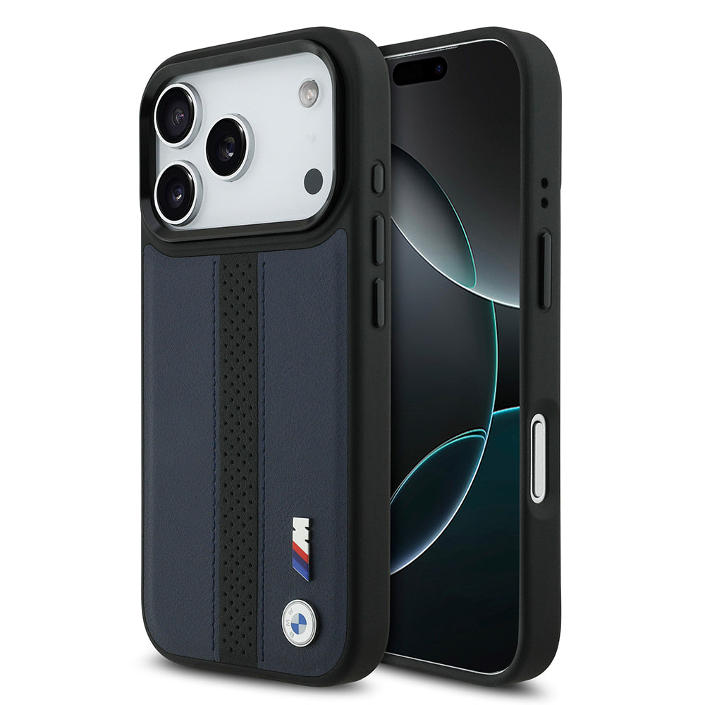 iPhone 17 Pro Kılıf BMW Orjinal Lisanslı M-safe Şarj Özellikli Deri Arka Yüzey Metal Logolu Delikli Şerit Tasarımlı Kapak