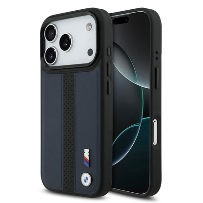 iPhone 17 Pro Kılıf BMW Orjinal Lisanslı M-safe Şarj Özellikli Deri Arka Yüzey Metal Logolu Delikli Şerit Tasarımlı Kapak