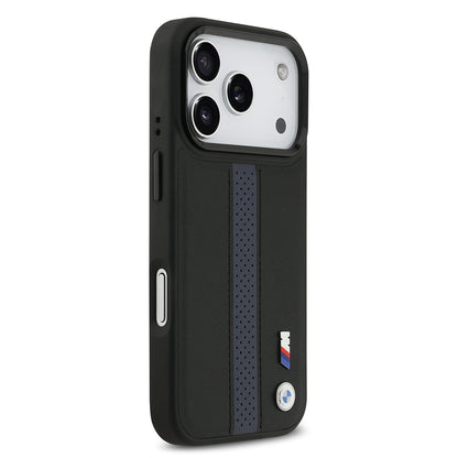 iPhone 17 Pro Kılıf BMW Orjinal Lisanslı M-safe Şarj Özellikli Deri Arka Yüzey Metal Logolu Delikli Şerit Tasarımlı Kapak