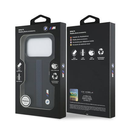 iPhone 17 Pro Kılıf BMW Orjinal Lisanslı M-safe Şarj Özellikli Deri Arka Yüzey Metal Logolu Delikli Şerit Tasarımlı Kapak