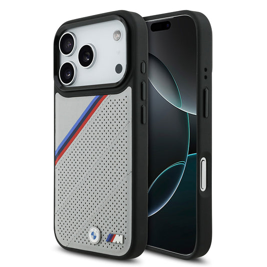 iPhone 17 Pro Kılıf BMW Orjinal Lisanslı M-safe Şarj Özellikli M Logolu Üç Şeritli Delikli Deri Kapak