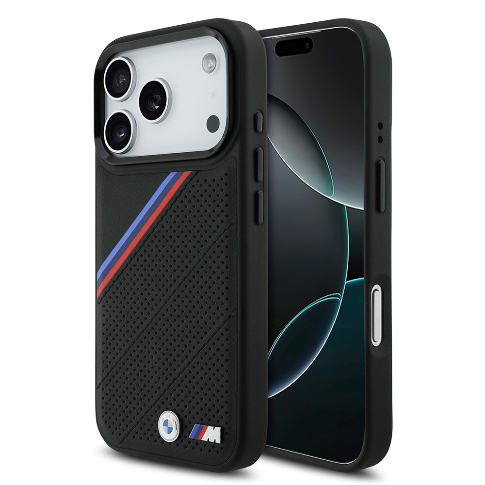 iPhone 17 Pro Kılıf BMW Orjinal Lisanslı M-safe Şarj Özellikli M Logolu Üç Şeritli Delikli Deri Kapak