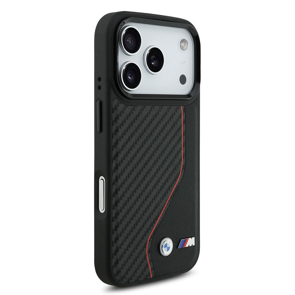 iPhone 17 Pro Kılıf BMW Orjinal Lisanslı M-safe Şarj Özellikli Metal BMW ve M Logolu PU Karbon Tasarımlı Kapak