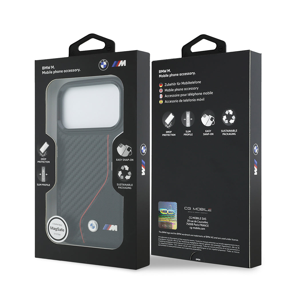 iPhone 17 Pro Kılıf BMW Orjinal Lisanslı M-safe Şarj Özellikli Metal BMW ve M Logolu PU Karbon Tasarımlı Kapak