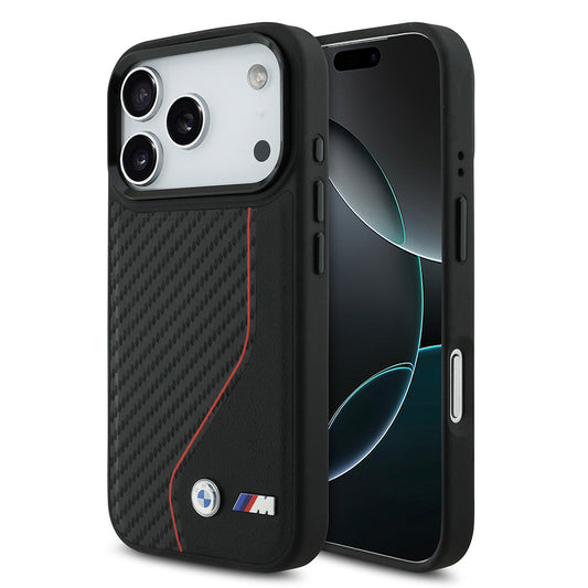 iPhone 17 Pro Kılıf BMW Orjinal Lisanslı M-safe Şarj Özellikli Metal BMW ve M Logolu PU Karbon Tasarımlı Kapak