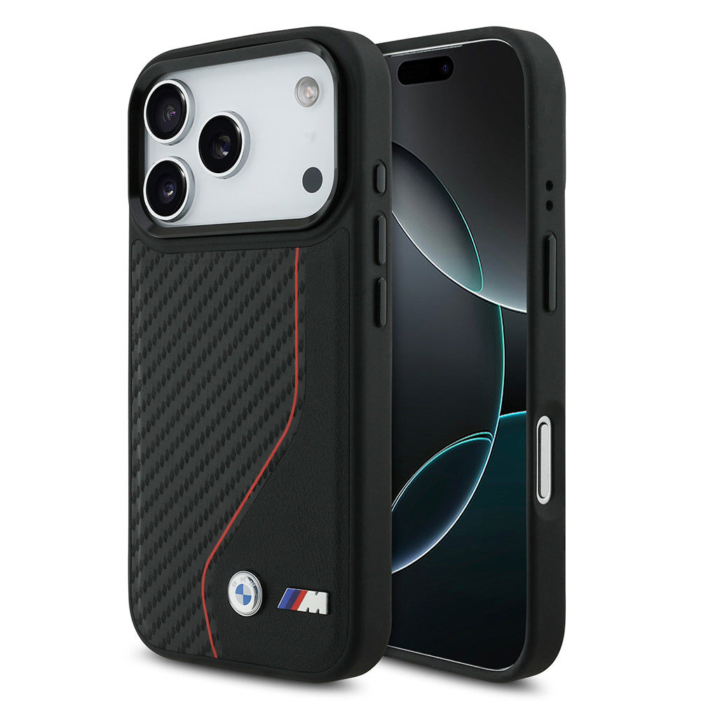 iPhone 17 Pro Kılıf BMW Orjinal Lisanslı M-safe Şarj Özellikli Metal BMW ve M Logolu PU Karbon Tasarımlı Kapak