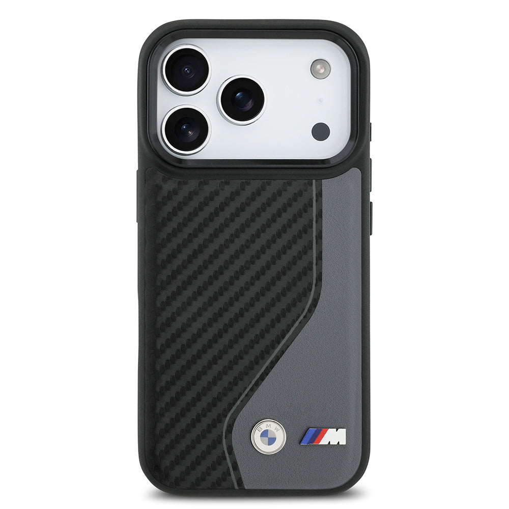 iPhone 17 Pro Kılıf BMW Orjinal Lisanslı M-safe Şarj Özellikli Metal BMW ve M Logolu PU Karbon Tasarımlı Kapak