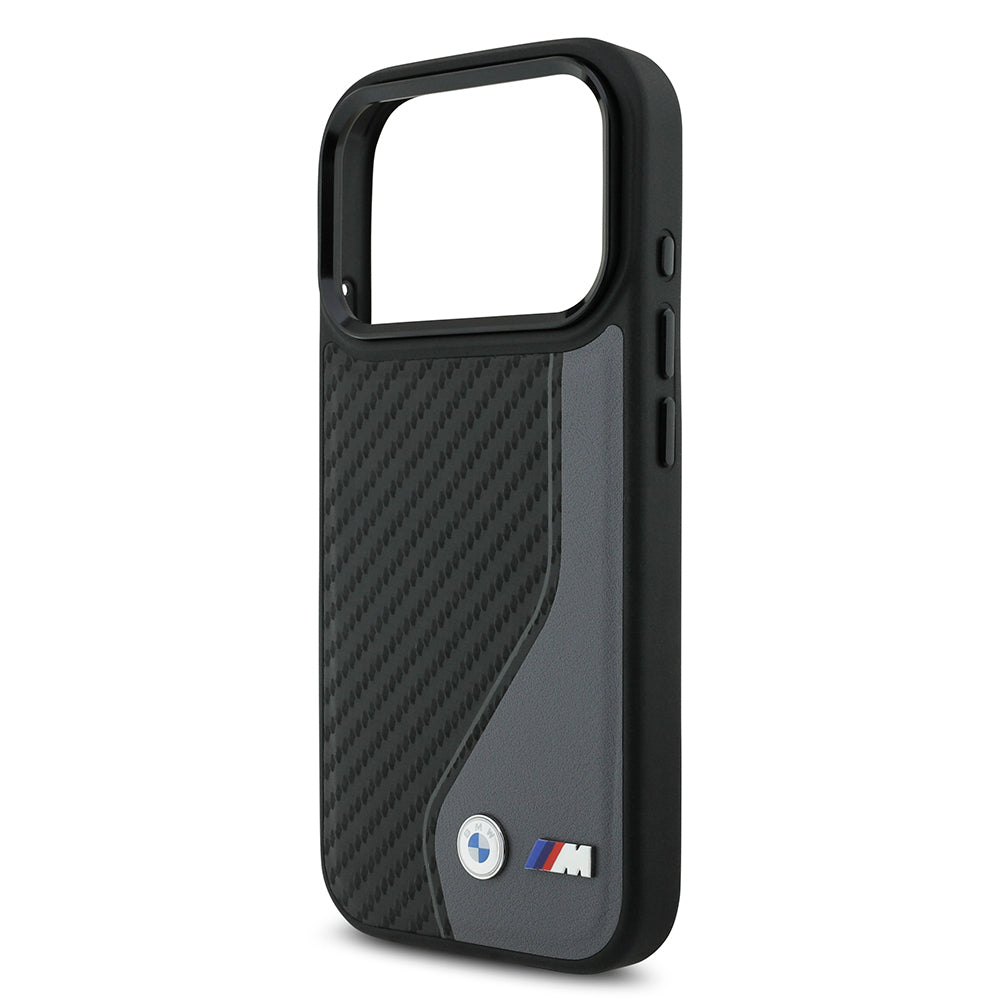 iPhone 17 Pro Kılıf BMW Orjinal Lisanslı M-safe Şarj Özellikli Metal BMW ve M Logolu PU Karbon Tasarımlı Kapak
