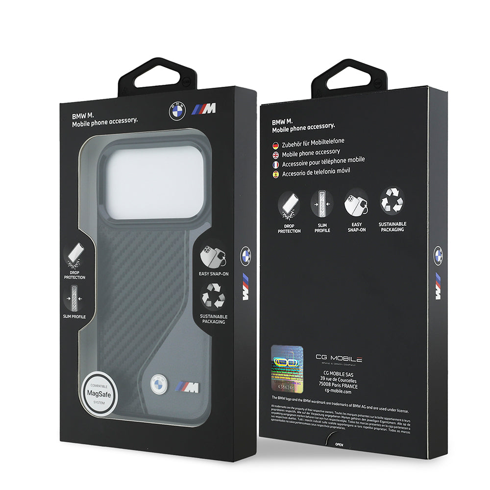 iPhone 17 Pro Kılıf BMW Orjinal Lisanslı M-safe Şarj Özellikli Metal BMW ve M Logolu PU Karbon Tasarımlı Kapak