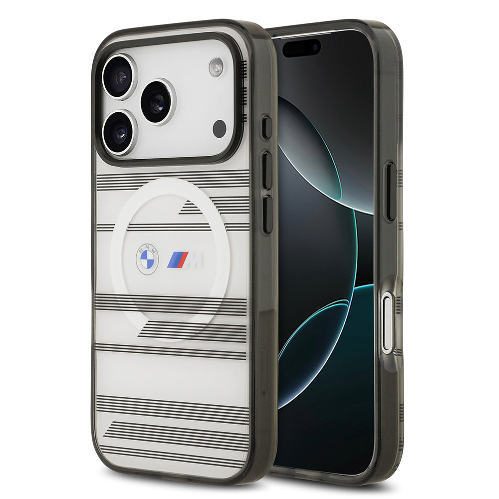 iPhone 17 Pro Kılıf BMW Orjinal Lisanslı M-safe Şarj Özellikli Metal Kamera Butonlu Yatay Şeritli M Dizayn Kapak