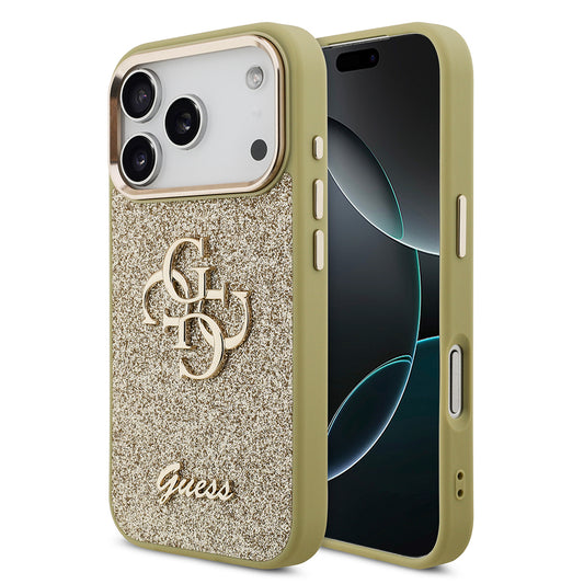 iPhone 17 Pro Kılıf Guess Orjinal Lisanslı 4G Büyük Metal Kamera Çerçeveli ve Logolu Glitter Kapak