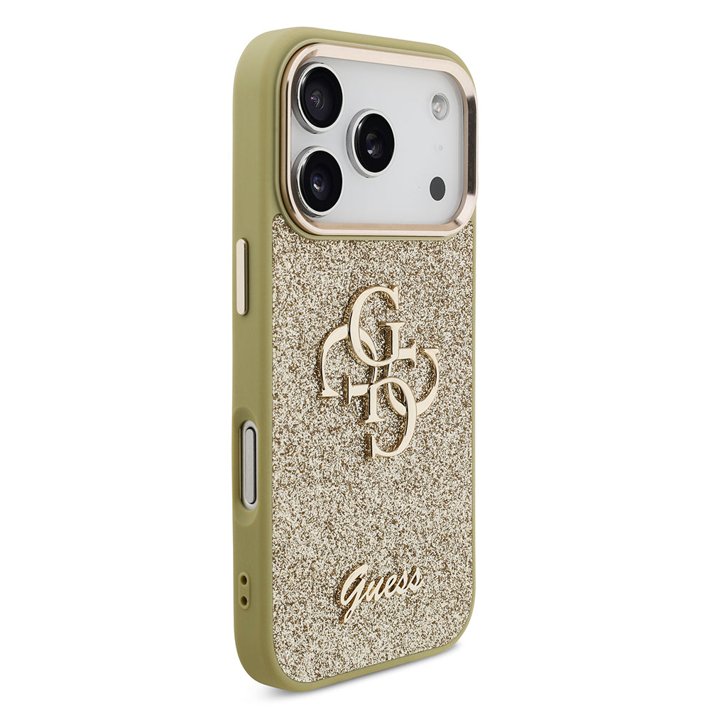 iPhone 17 Pro Kılıf Guess Orjinal Lisanslı 4G Büyük Metal Kamera Çerçeveli ve Logolu Glitter Kapak