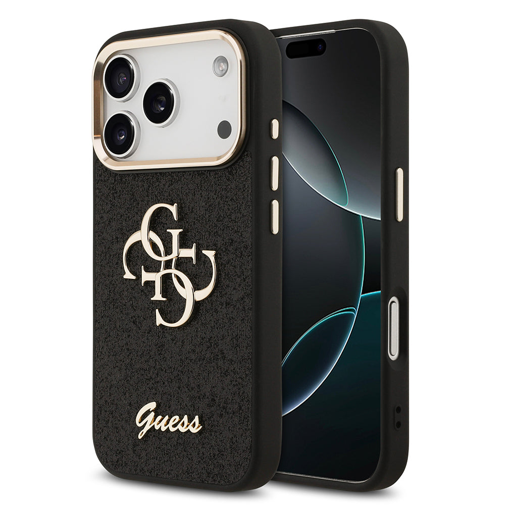 iPhone 17 Pro Kılıf Guess Orjinal Lisanslı 4G Büyük Metal Kamera Çerçeveli ve Logolu Glitter Kapak