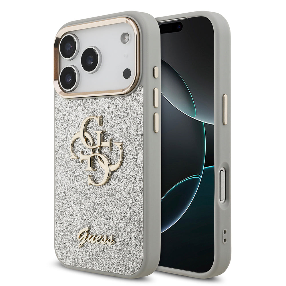 iPhone 17 Pro Kılıf Guess Orjinal Lisanslı 4G Büyük Metal Kamera Çerçeveli ve Logolu Glitter Kapak