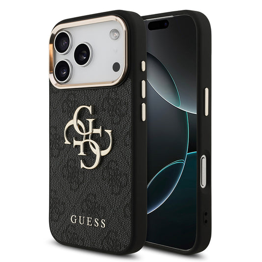 iPhone 17 Pro Kılıf Guess Orjinal Lisanslı Gold Metal Kamera Çerçeveli 4G Desenli Metal Büyük 4G ve Yazı Logolu Kapak
