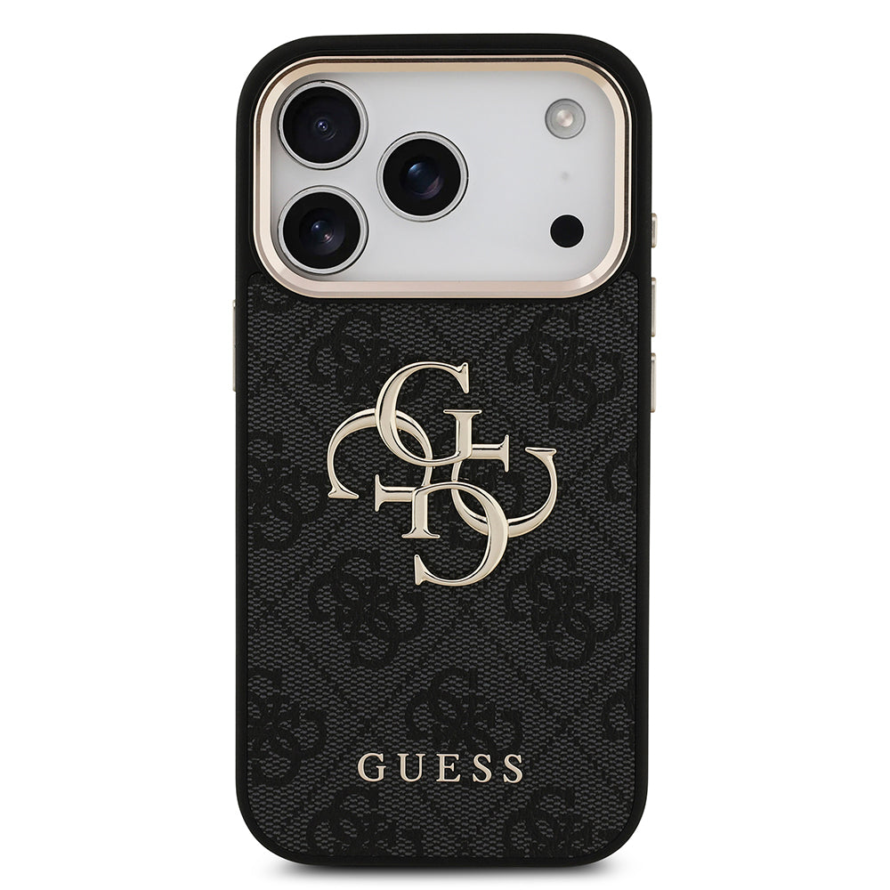 iPhone 17 Pro Kılıf Guess Orjinal Lisanslı Gold Metal Kamera Çerçeveli 4G Desenli Metal Büyük 4G ve Yazı Logolu Kapak
