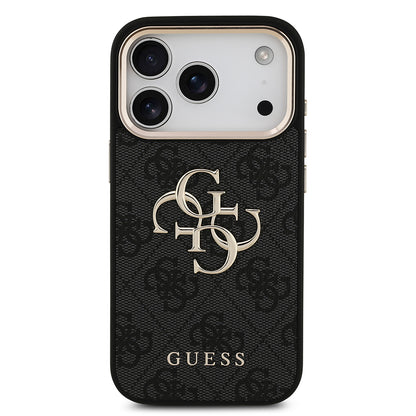 iPhone 17 Pro Kılıf Guess Orjinal Lisanslı Gold Metal Kamera Çerçeveli 4G Desenli Metal Büyük 4G ve Yazı Logolu Kapak