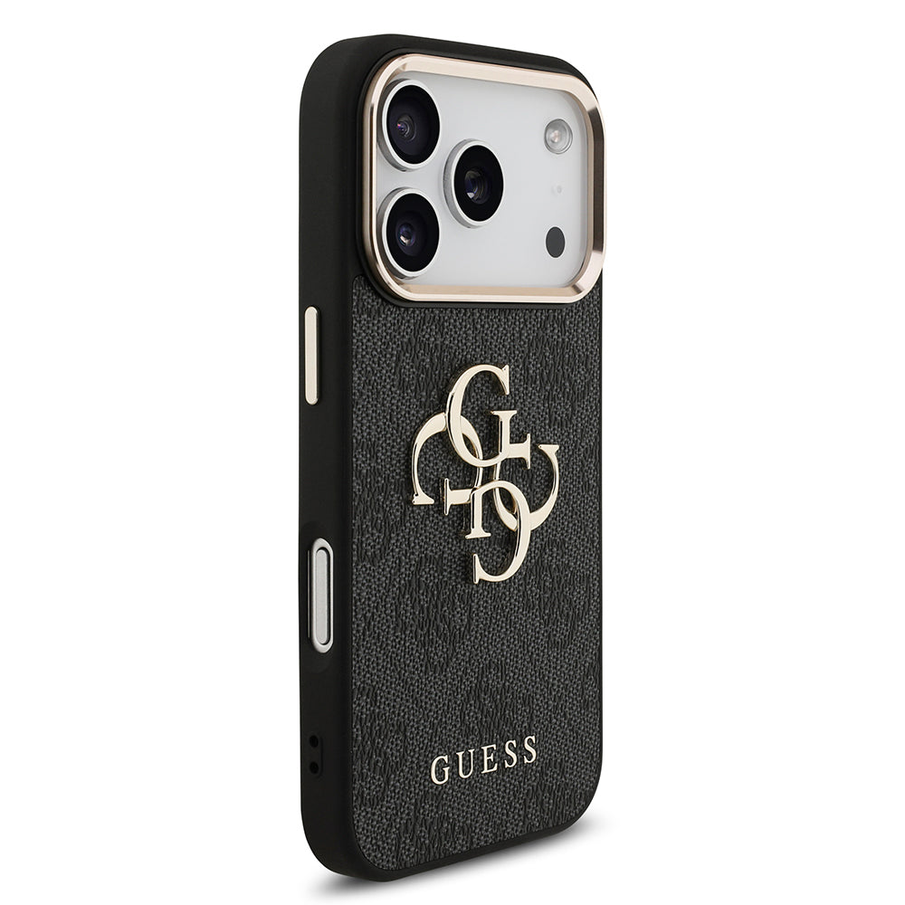 iPhone 17 Pro Kılıf Guess Orjinal Lisanslı Gold Metal Kamera Çerçeveli 4G Desenli Metal Büyük 4G ve Yazı Logolu Kapak