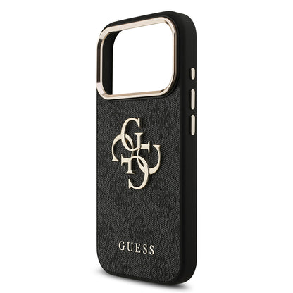 iPhone 17 Pro Kılıf Guess Orjinal Lisanslı Gold Metal Kamera Çerçeveli 4G Desenli Metal Büyük 4G ve Yazı Logolu Kapak