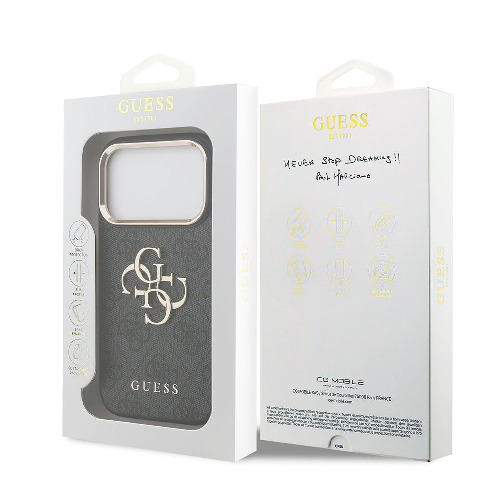iPhone 17 Pro Kılıf Guess Orjinal Lisanslı Gold Metal Kamera Çerçeveli 4G Desenli Metal Büyük 4G ve Yazı Logolu Kapak