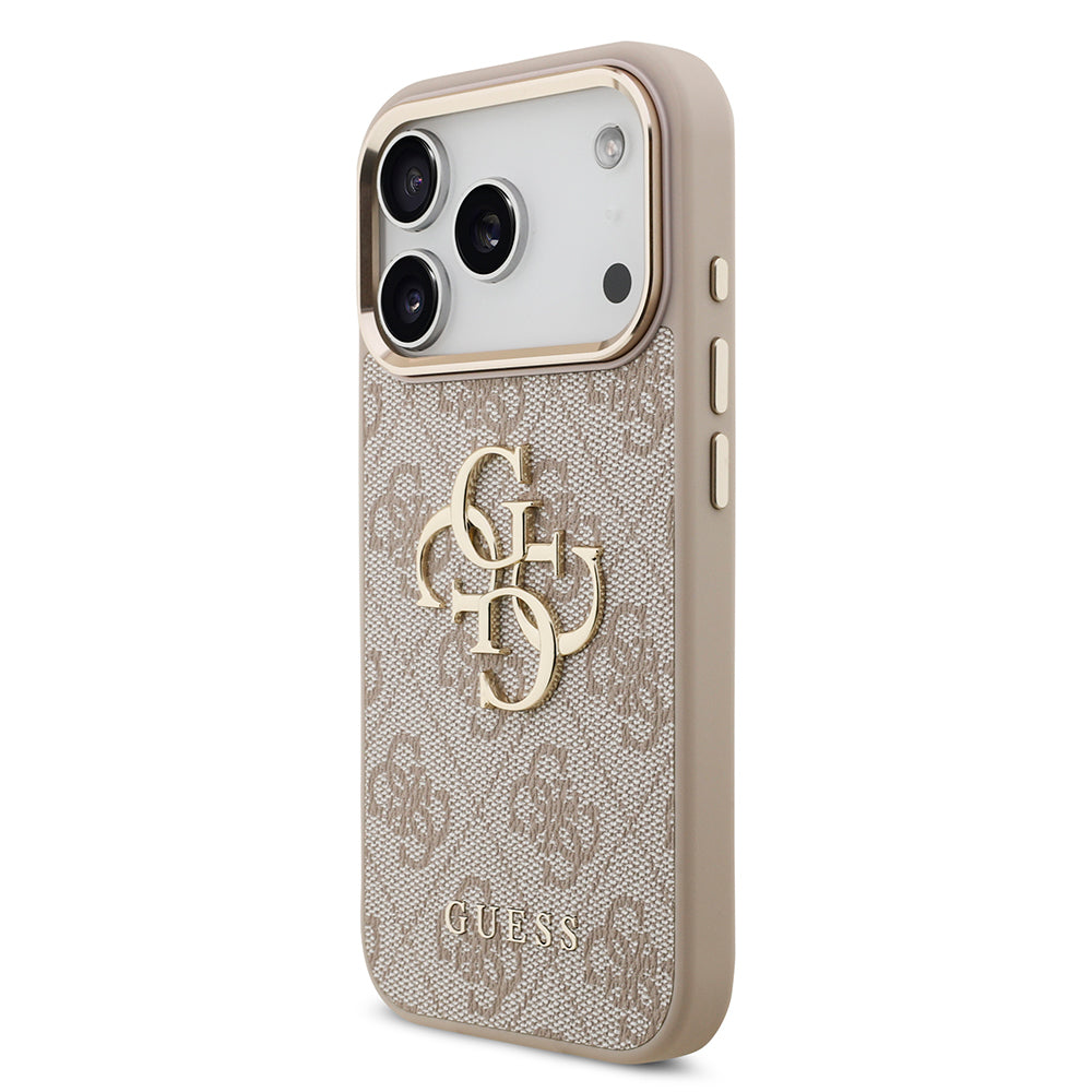 iPhone 17 Pro Kılıf Guess Orjinal Lisanslı Gold Metal Kamera Çerçeveli 4G Desenli Metal Büyük 4G ve Yazı Logolu Kapak