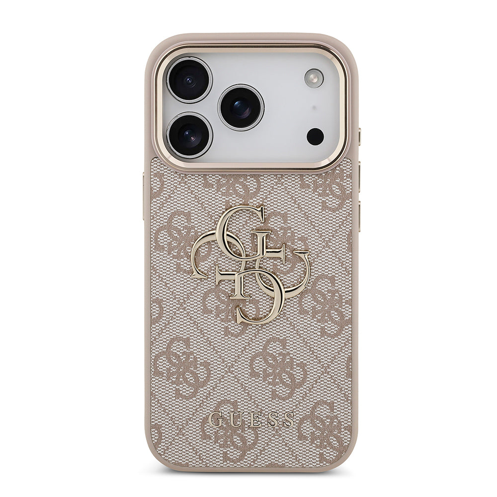 iPhone 17 Pro Kılıf Guess Orjinal Lisanslı Gold Metal Kamera Çerçeveli 4G Desenli Metal Büyük 4G ve Yazı Logolu Kapak