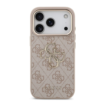 iPhone 17 Pro Kılıf Guess Orjinal Lisanslı Gold Metal Kamera Çerçeveli 4G Desenli Metal Büyük 4G ve Yazı Logolu Kapak