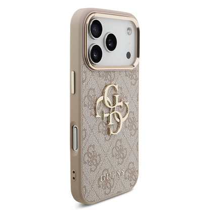 iPhone 17 Pro Kılıf Guess Orjinal Lisanslı Gold Metal Kamera Çerçeveli 4G Desenli Metal Büyük 4G ve Yazı Logolu Kapak