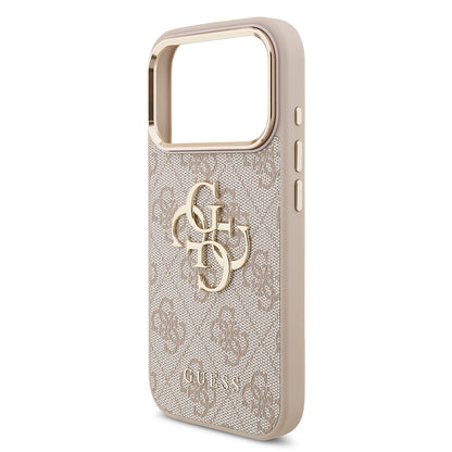 iPhone 17 Pro Kılıf Guess Orjinal Lisanslı Gold Metal Kamera Çerçeveli 4G Desenli Metal Büyük 4G ve Yazı Logolu Kapak