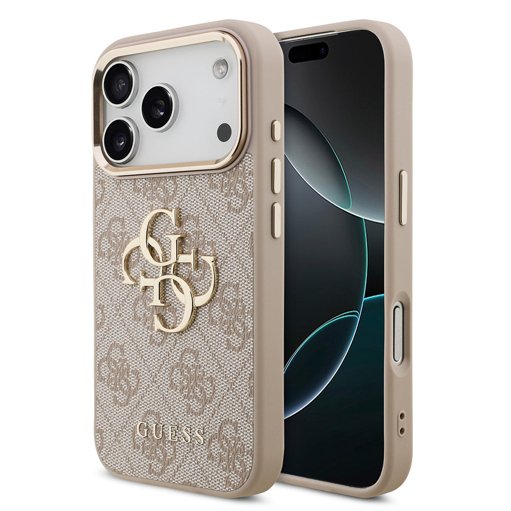 iPhone 17 Pro Kılıf Guess Orjinal Lisanslı Gold Metal Kamera Çerçeveli 4G Desenli Metal Büyük 4G ve Yazı Logolu Kapak