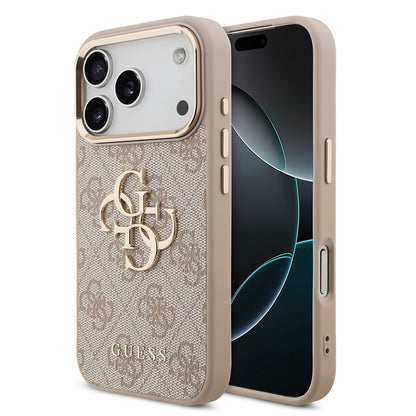 iPhone 17 Pro Kılıf Guess Orjinal Lisanslı Gold Metal Kamera Çerçeveli 4G Desenli Metal Büyük 4G ve Yazı Logolu Kapak