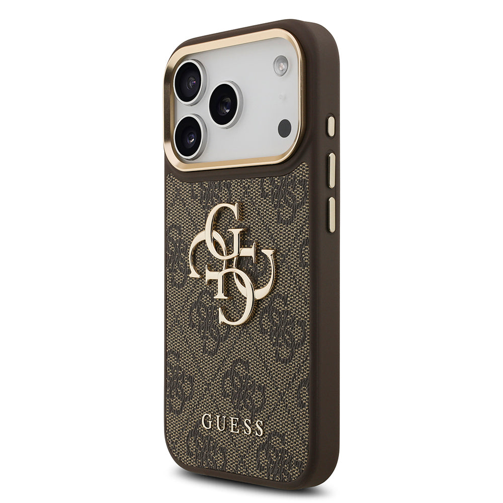 iPhone 17 Pro Kılıf Guess Orjinal Lisanslı Gold Metal Kamera Çerçeveli 4G Desenli Metal Büyük 4G ve Yazı Logolu Kapak