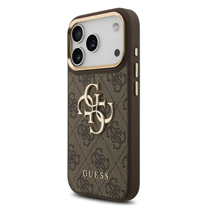 iPhone 17 Pro Kılıf Guess Orjinal Lisanslı Gold Metal Kamera Çerçeveli 4G Desenli Metal Büyük 4G ve Yazı Logolu Kapak