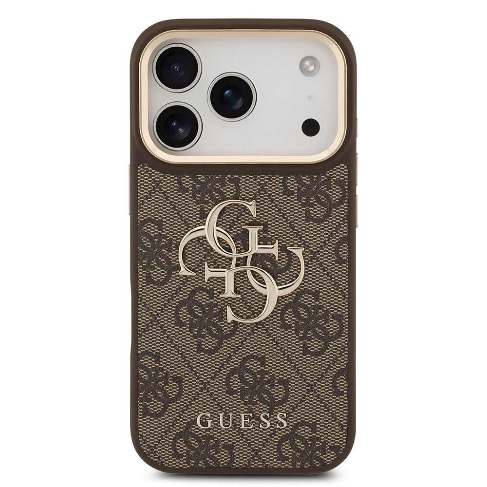 iPhone 17 Pro Kılıf Guess Orjinal Lisanslı Gold Metal Kamera Çerçeveli 4G Desenli Metal Büyük 4G ve Yazı Logolu Kapak